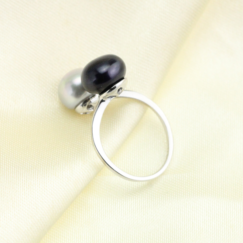 Black and White Mismatched Color Double Pearl Ring Sterling Silver