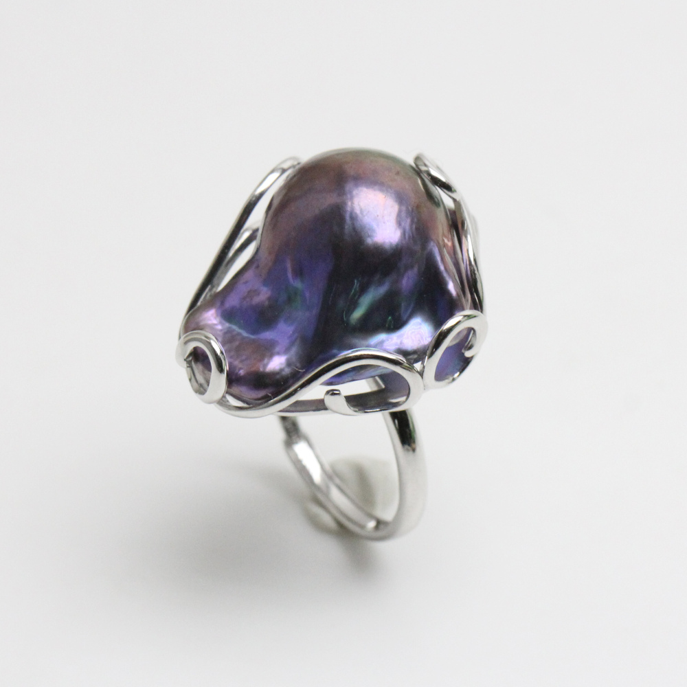 Large Black Baroque Pearl Ring Sterling Silver