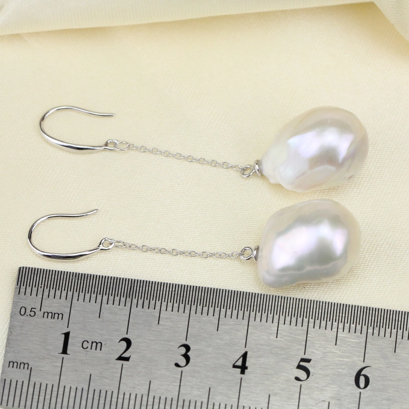 Long Chain Large Baroque Pearl Earrings Sterling Silver