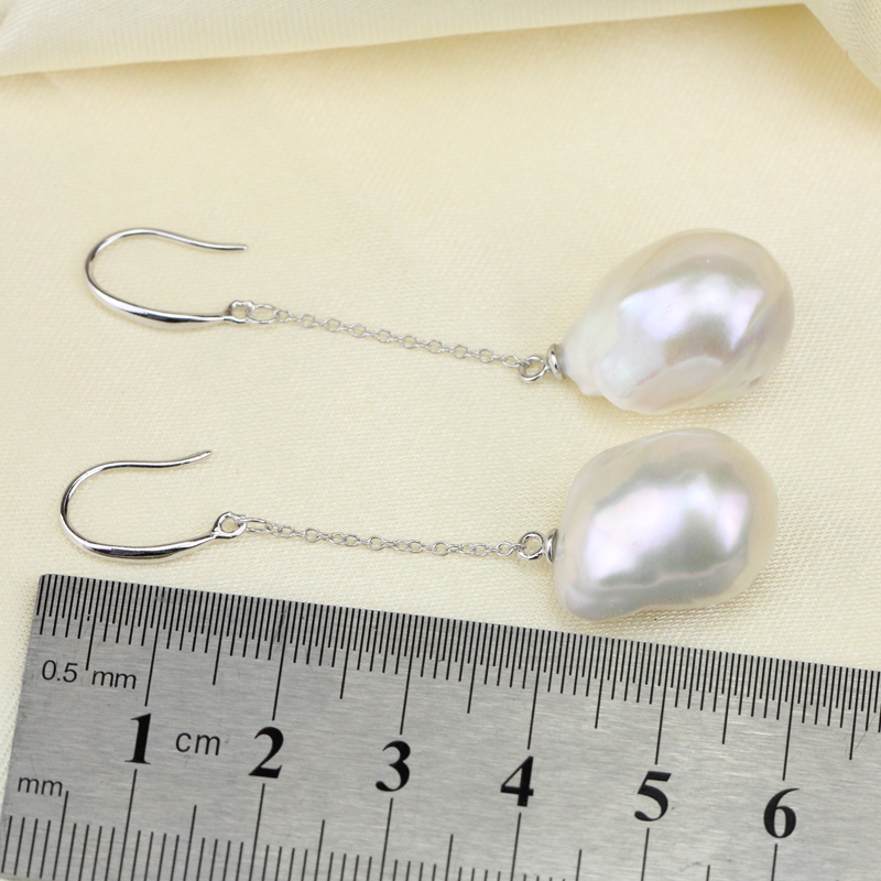 Long Chain Large Baroque Pearl Earrings Sterling Silver