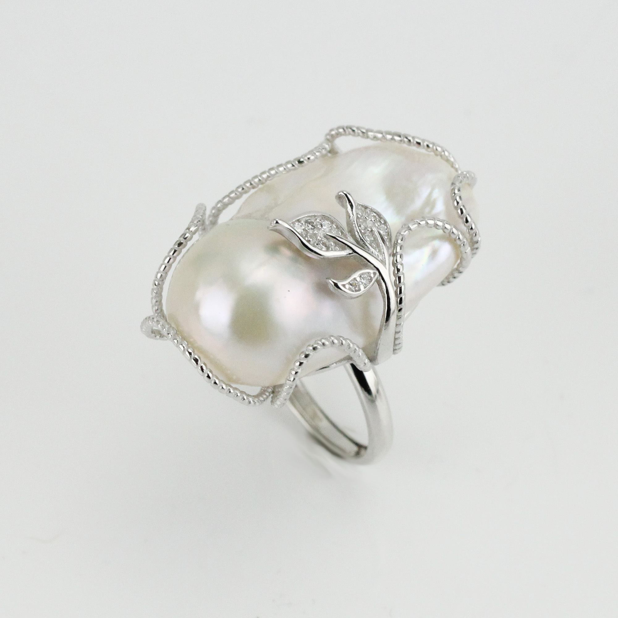 White Color Large Baroque Pearl Ring Sterling Silver