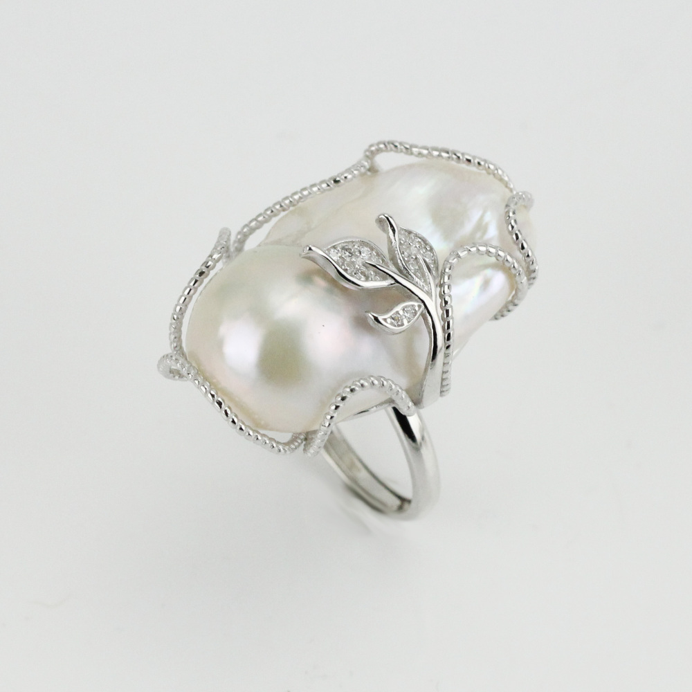 White Color Large Baroque Pearl Ring Sterling Silver