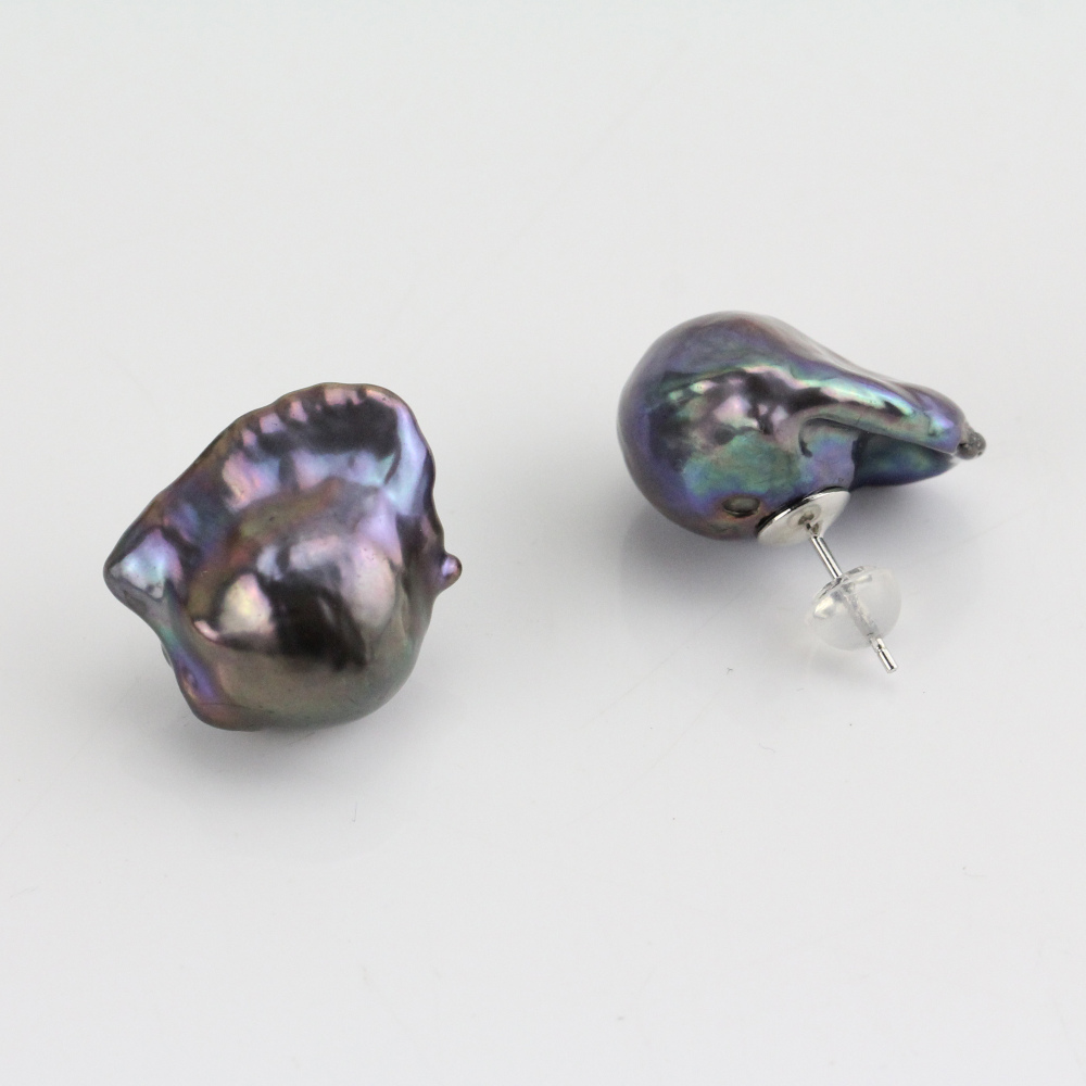 15-17mm Large Black Color Freshwater Baroque Pearl Earrings Stud