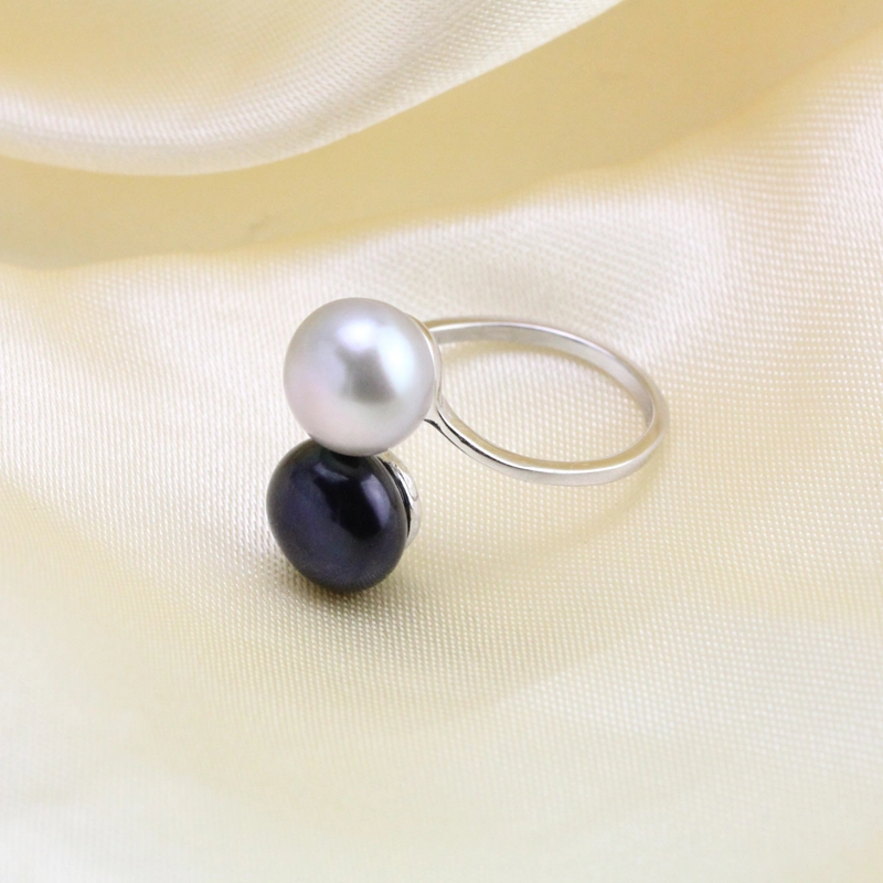 Black and White Mismatched Color Double Pearl Ring Sterling Silver