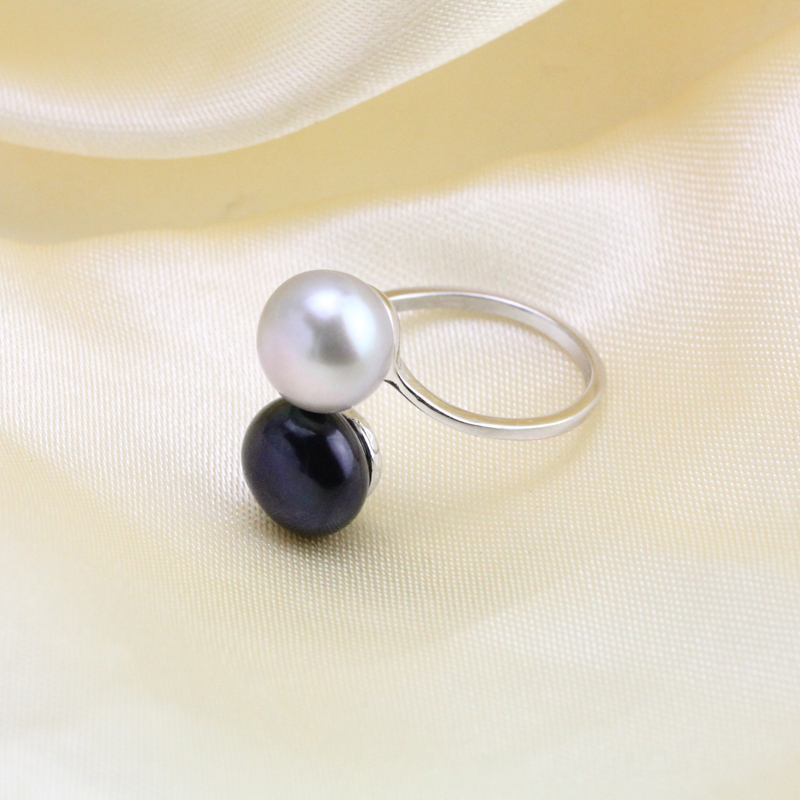 Black and White Mismatched Color Double Pearl Ring Sterling Silver