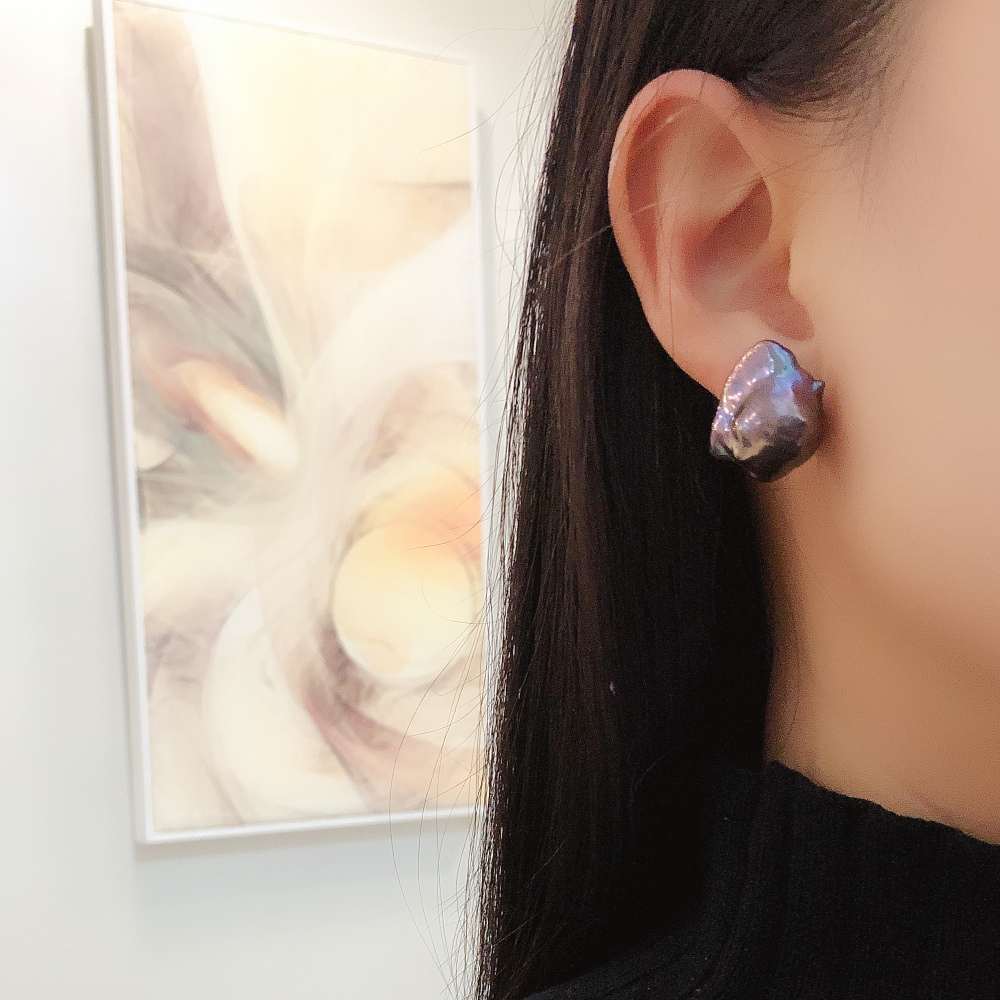 15-17mm Large Black Color Freshwater Baroque Pearl Earrings Stud