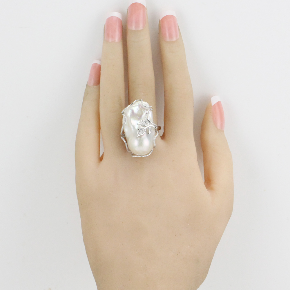 White Color Large Baroque Pearl Ring Sterling Silver