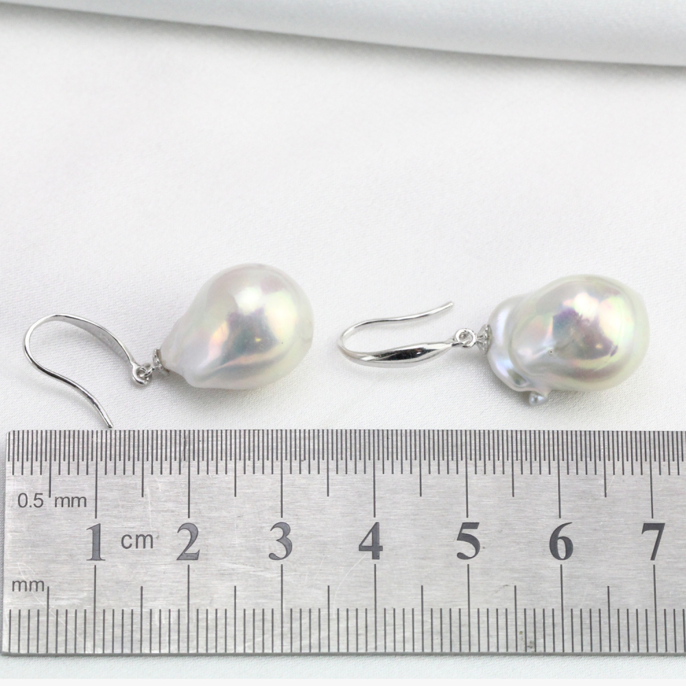 15-17mm White Flameball Freshwater Baroque Pearl Danlge Earrings