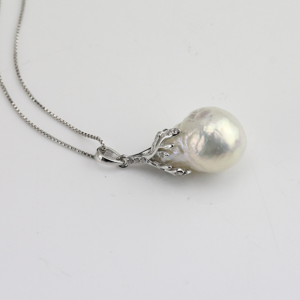 11-12mm White Large Baroque Pearl Flower Pendant sterling silver