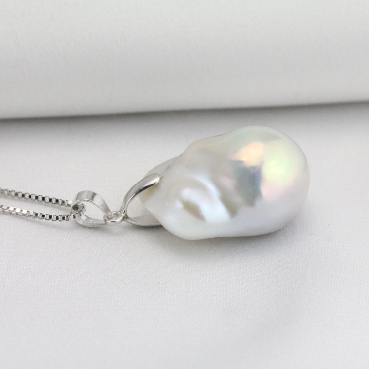 Large Baroque Pearl Pendant Necklace Sterling Silver Pinch Bail