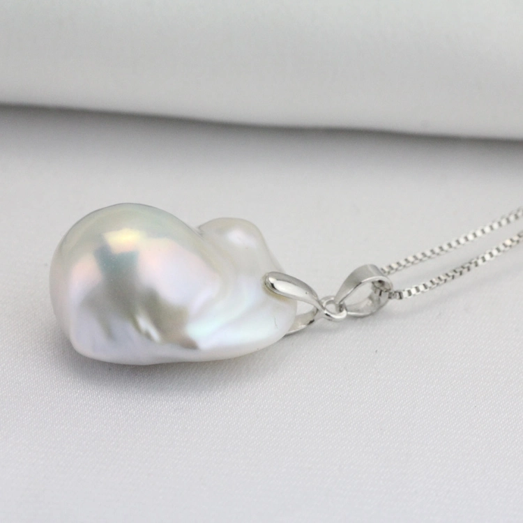 Large Baroque Pearl Pendant Necklace Sterling Silver Pinch Bail