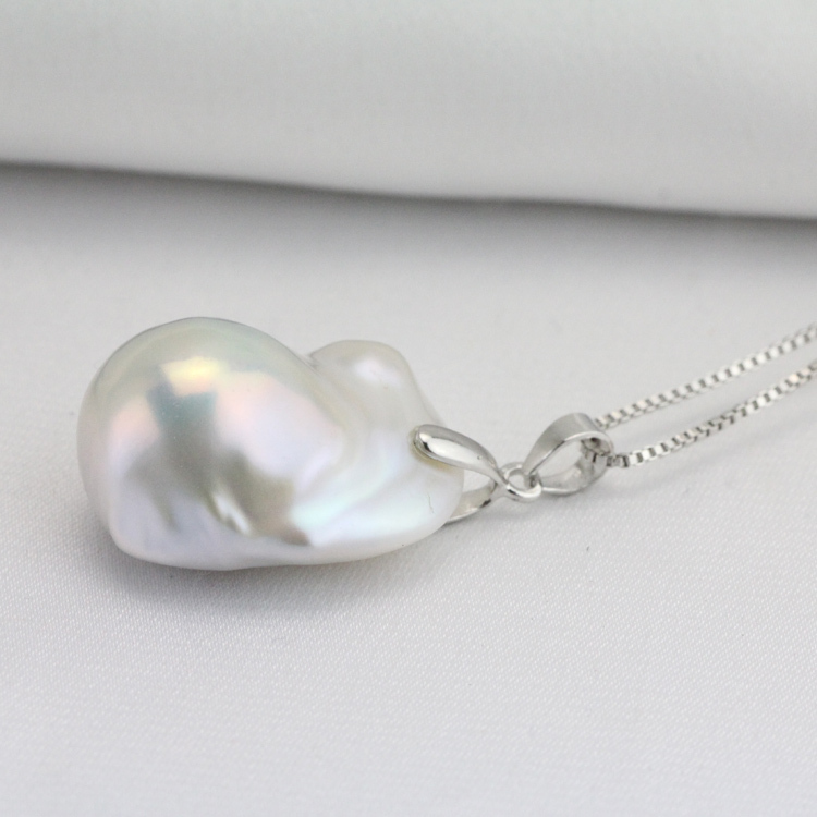 Large Baroque Pearl Pendant Necklace Sterling Silver Pinch Bail