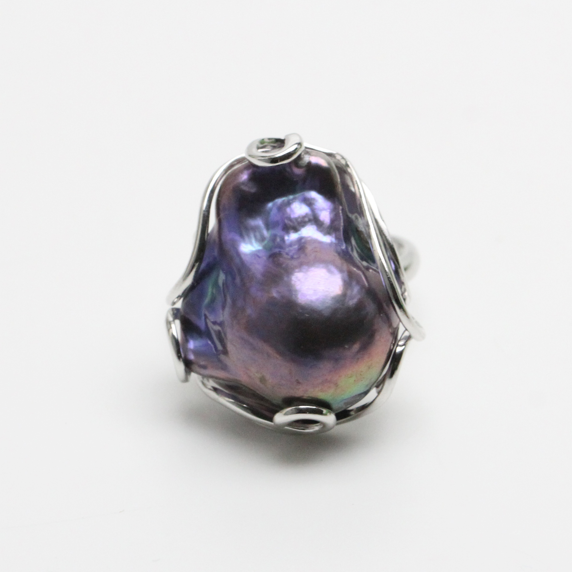 Large Black Baroque Pearl Ring Sterling Silver