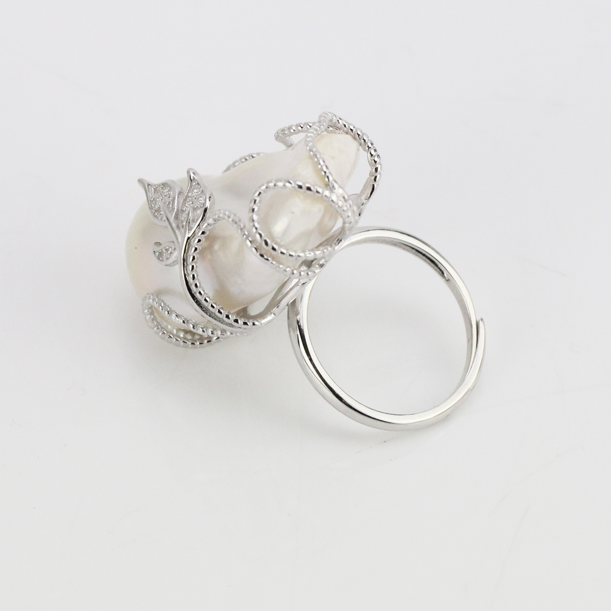 White Color Large Baroque Pearl Ring Sterling Silver