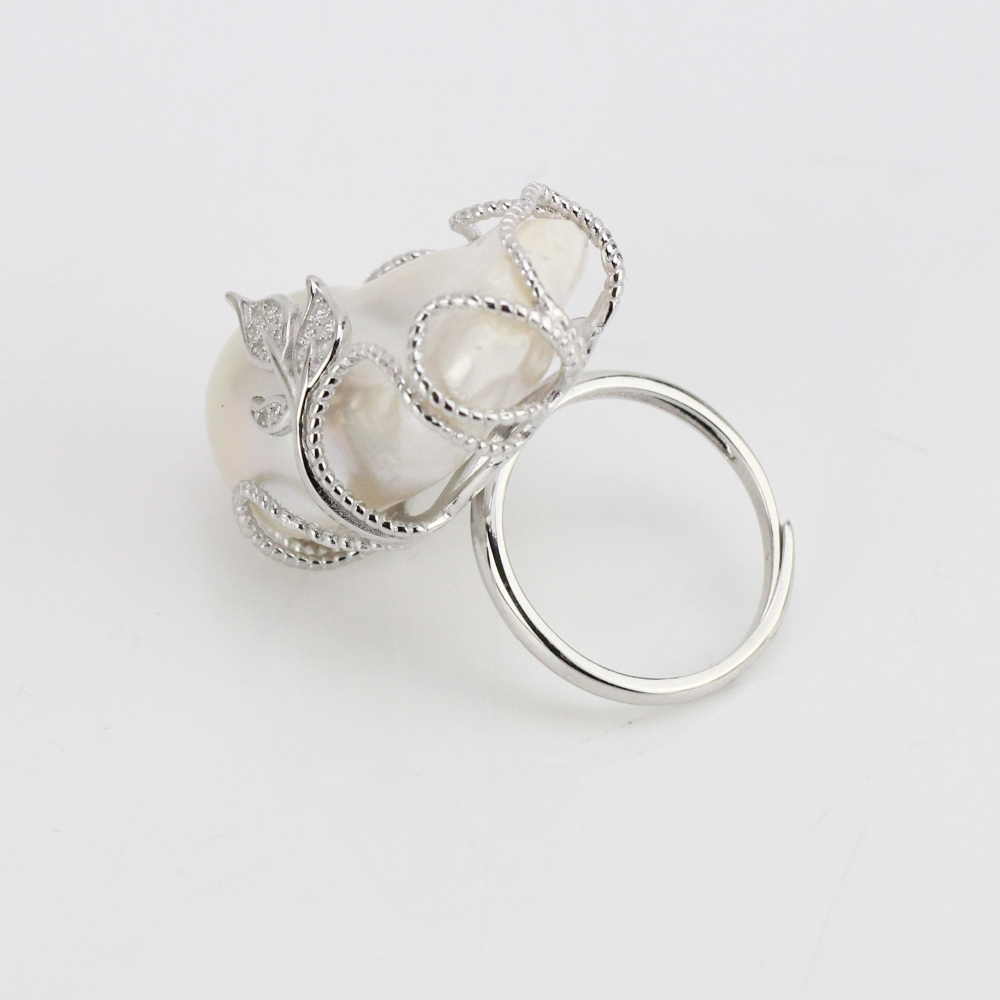 White Color Large Baroque Pearl Ring Sterling Silver