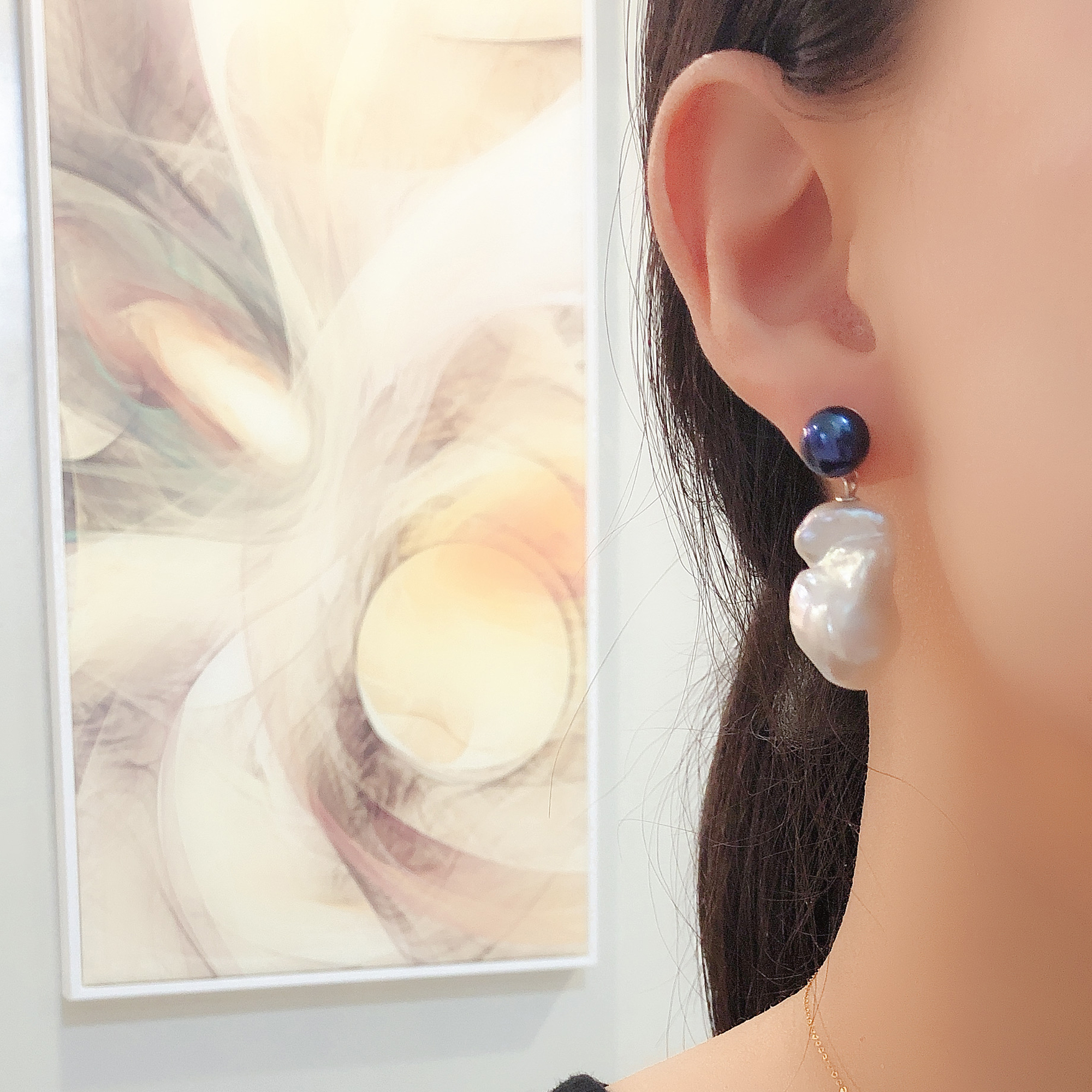 Black and White Mismatched Freshwater Large Baroque Pearl Earrings