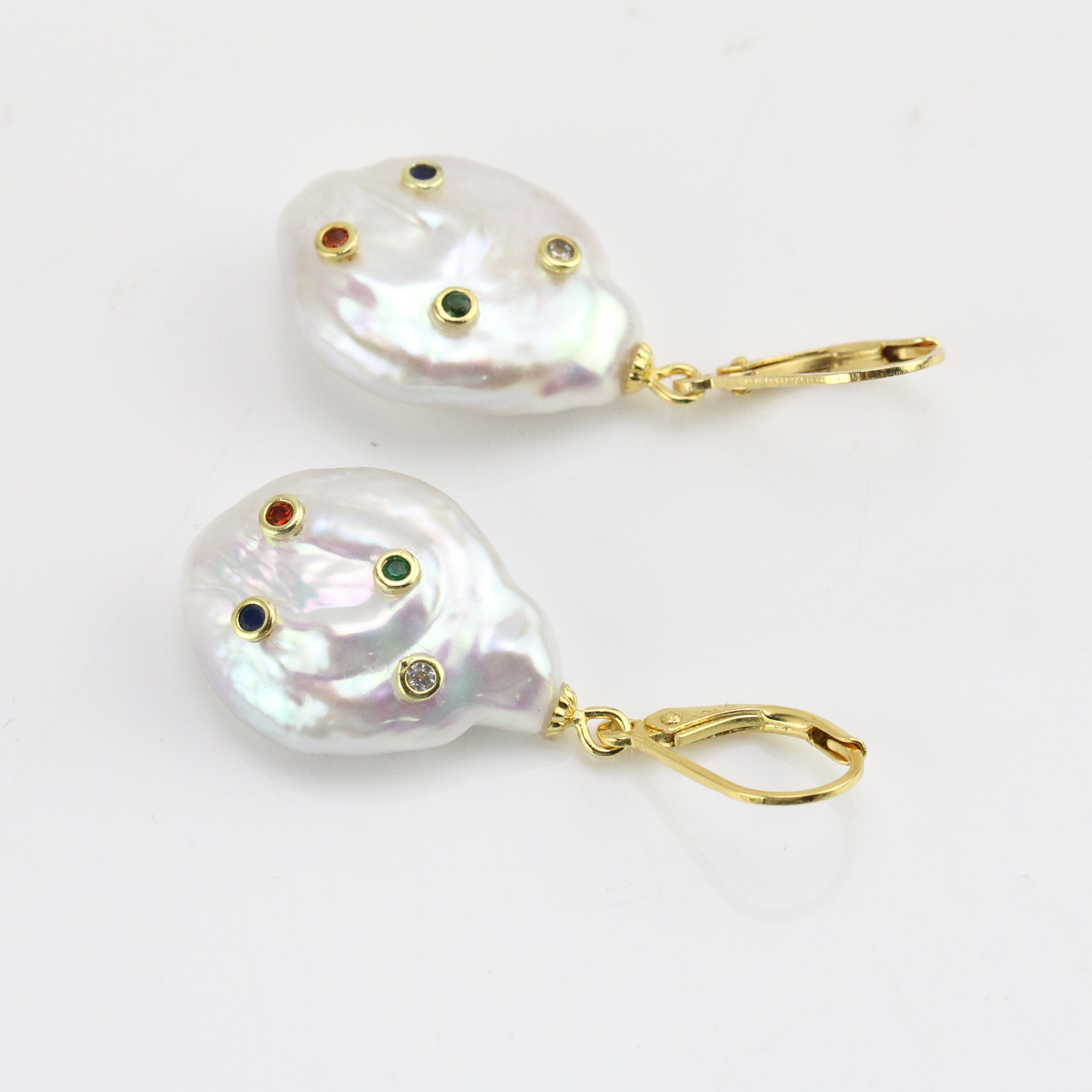 CZ Paved Embeded Bezel Baroque Pearl Earrings