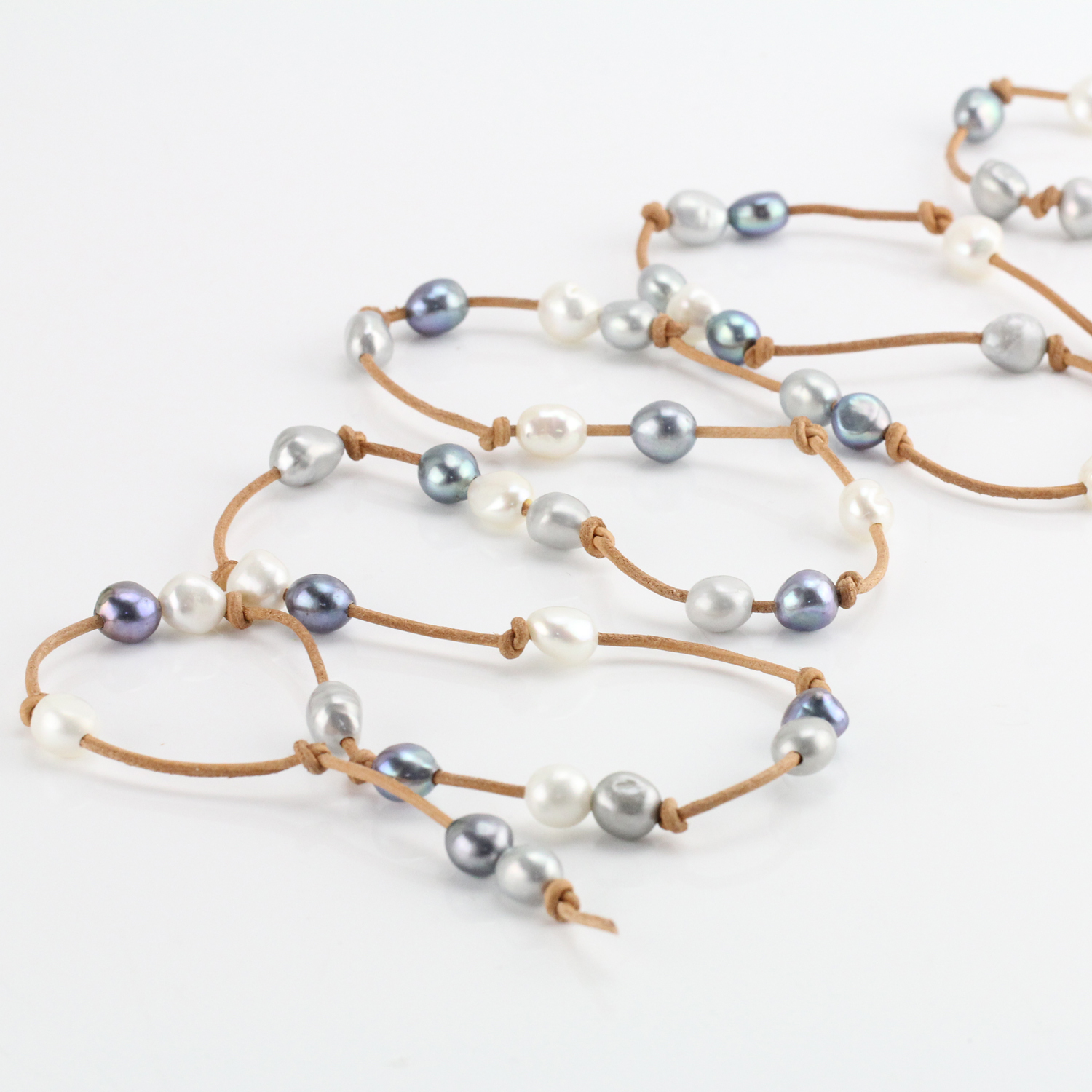 Mixed color Pearl lariat Long leather necklace