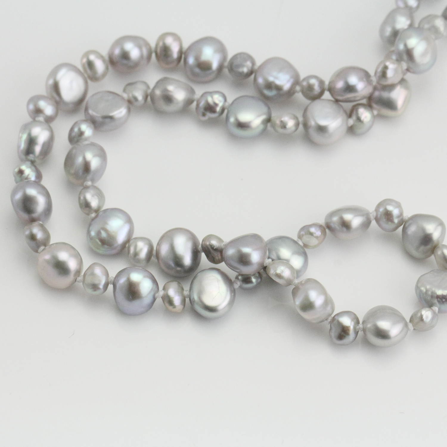 Mixed Size Grey Pearl extra long pearl Knotted necklace