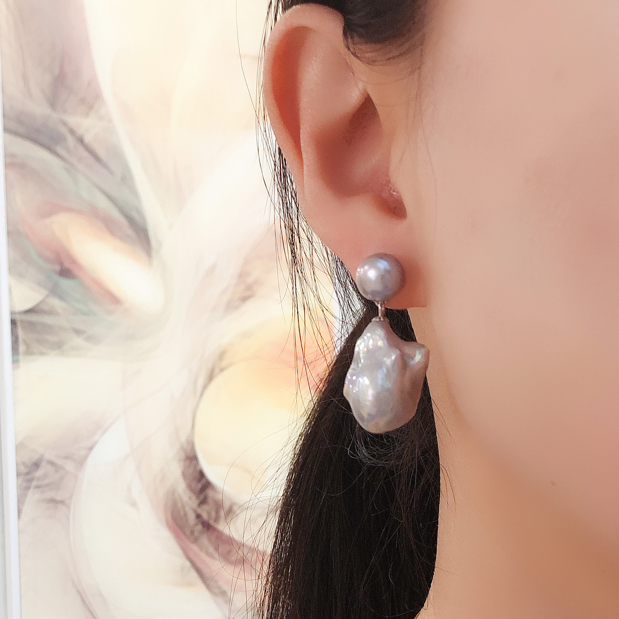Small and Big Mix Size Gray Baroque Pearl Earrings