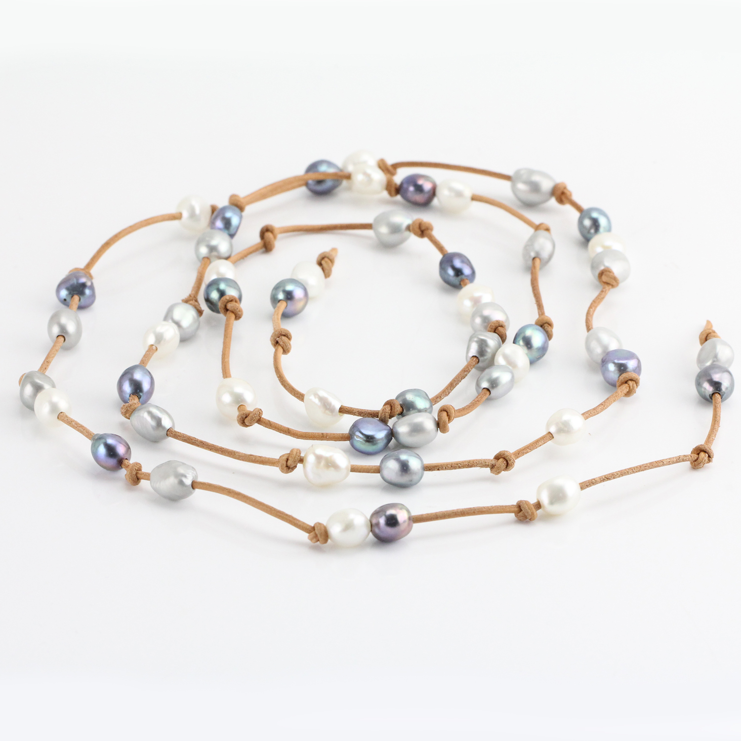 Mixed color Pearl lariat Long leather necklace