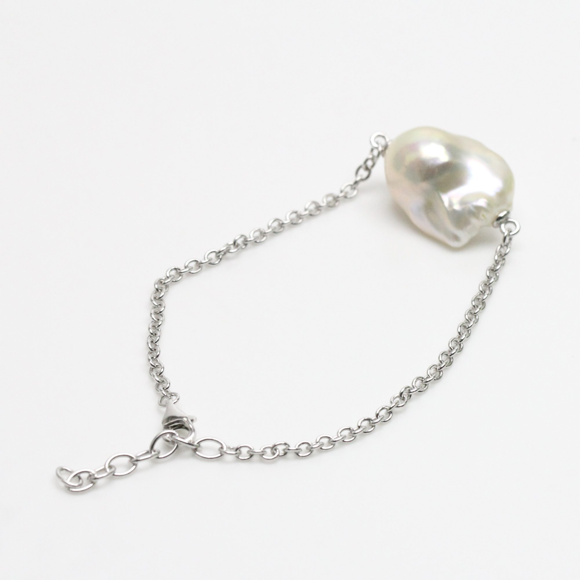 15-17mm Large White Baroque Pearl Sterling Silver Chain Bracelet