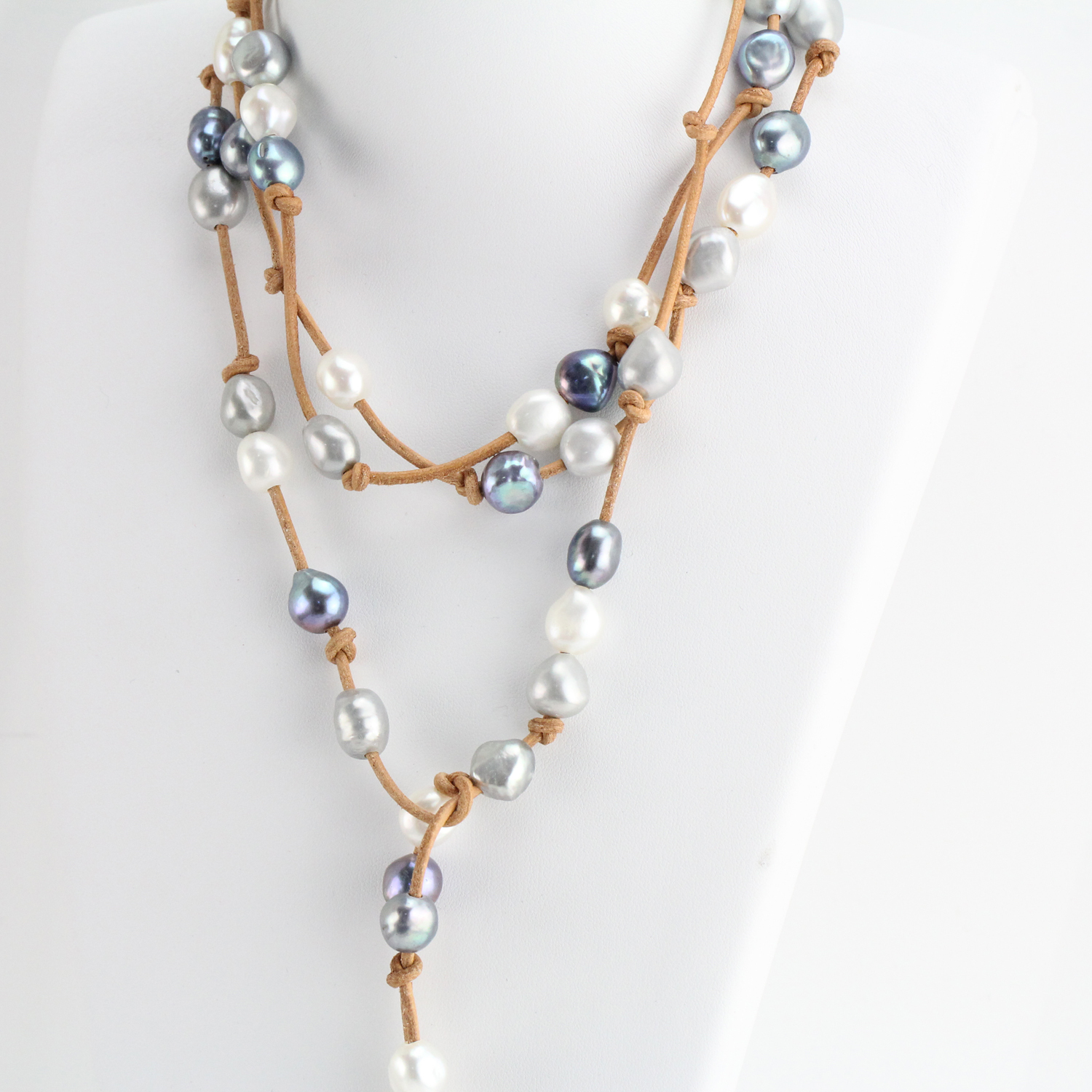 Mixed color Pearl lariat Long leather necklace