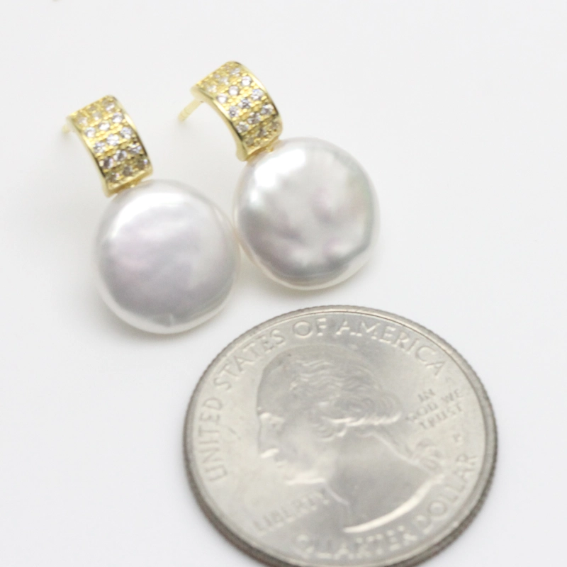 12-13mm White Coin Pearl Earrings Sterling Silver
