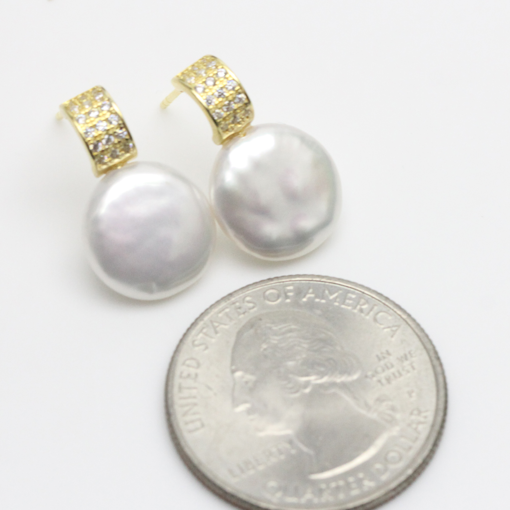 12-13mm White Coin Pearl Earrings Sterling Silver