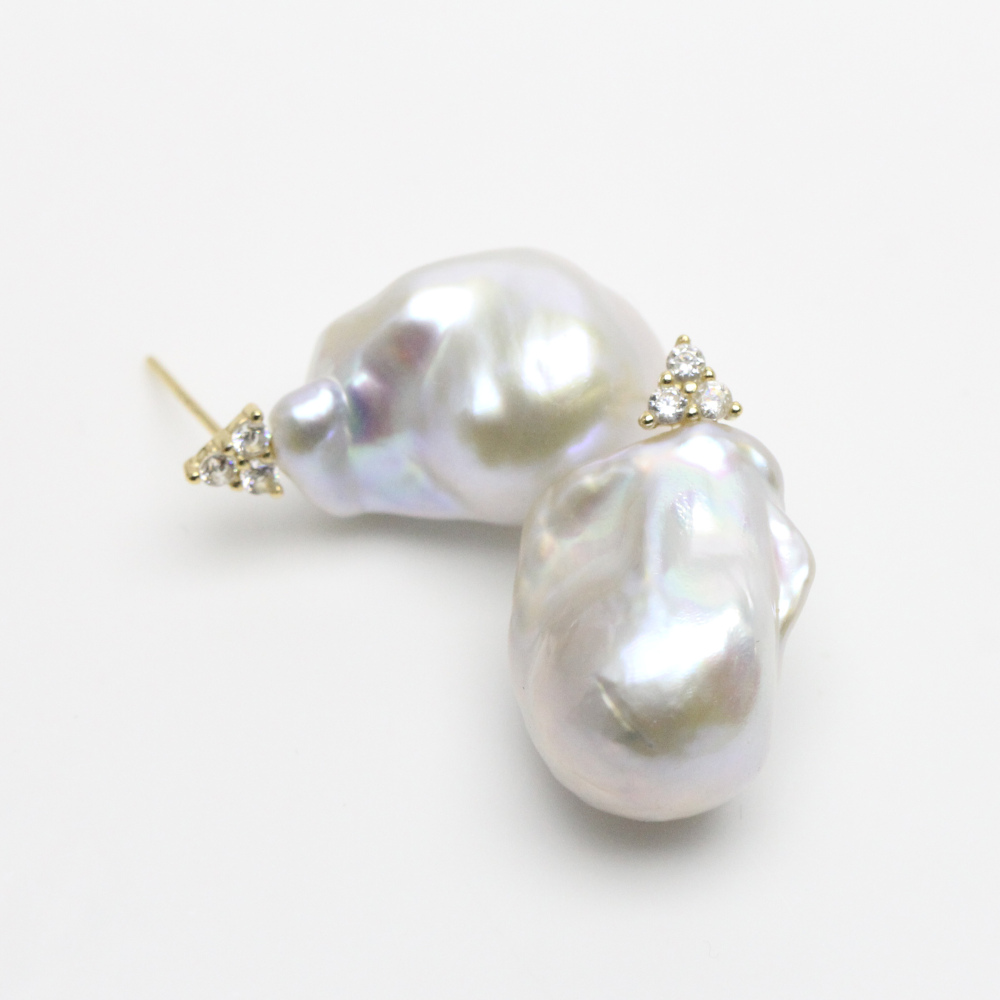 White Baroque Pearl CZ Stud Earrings