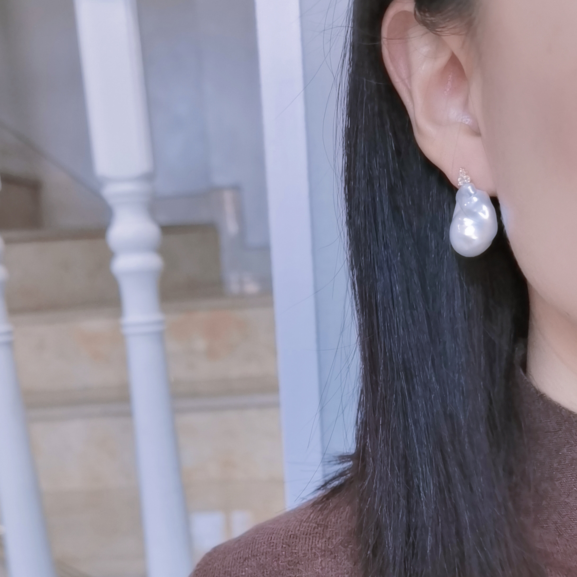 White Baroque Pearl CZ Stud Earrings
