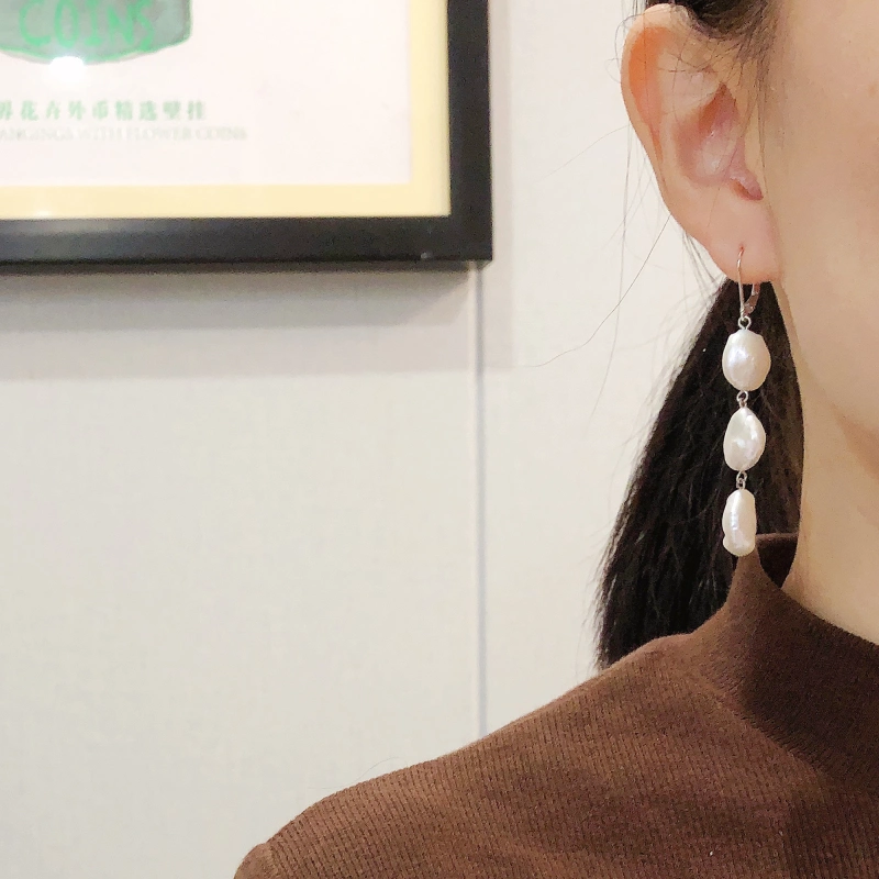 3 Pearls Long Earrings Freshwater Coin Pearls