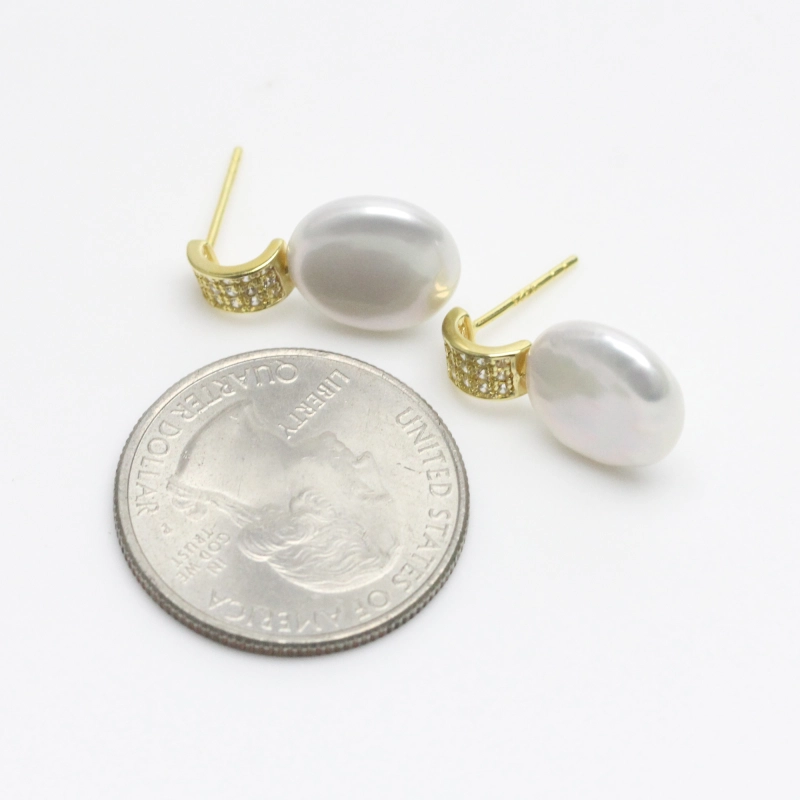 12-13mm White Coin Pearl Earrings Sterling Silver