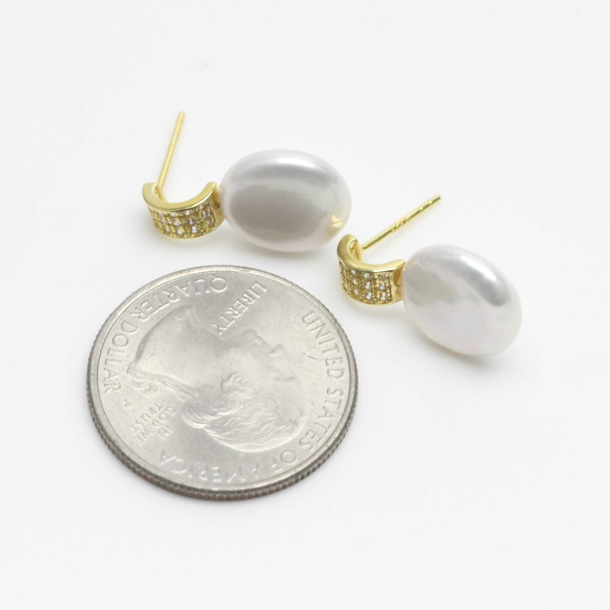 12-13mm White Coin Pearl Earrings Sterling Silver