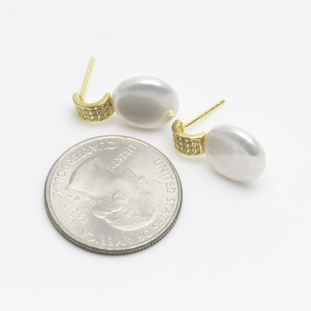 12-13mm White Coin Pearl Earrings Sterling Silver