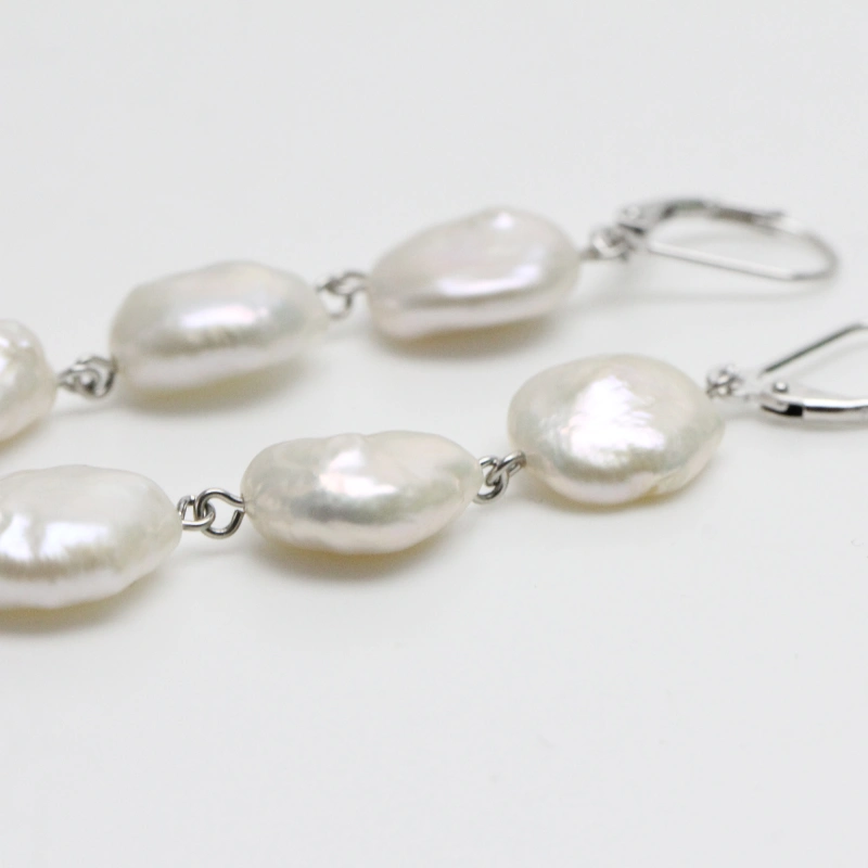 3 Pearls Long Earrings Freshwater Coin Pearls