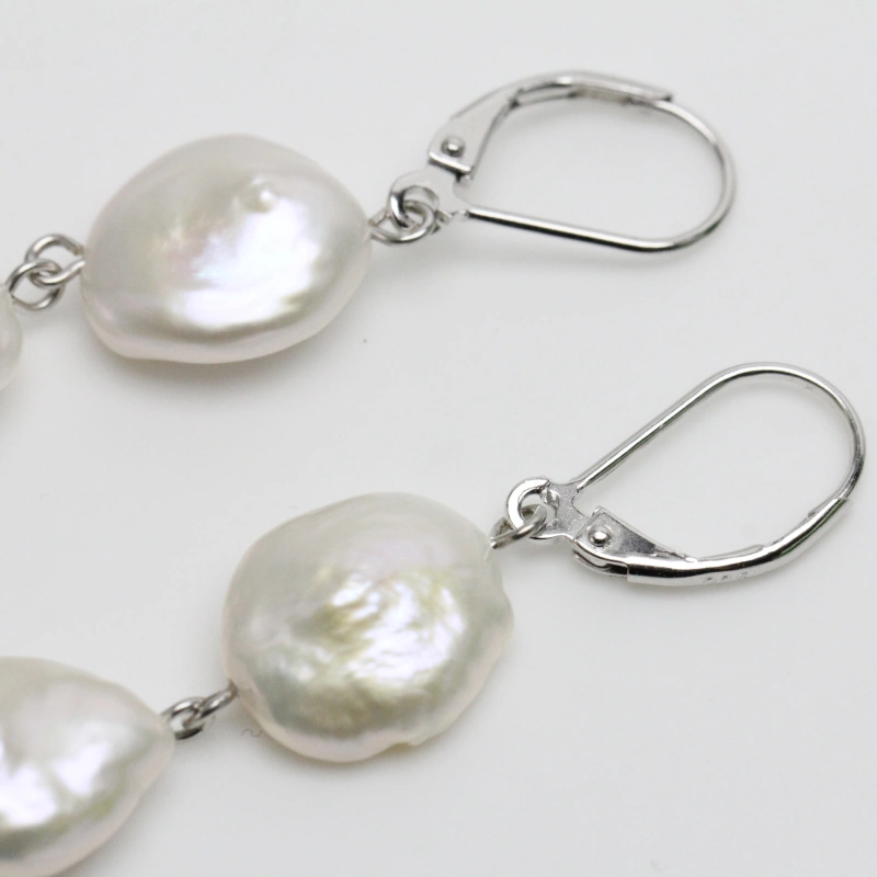 3 Pearls Long Earrings Freshwater Coin Pearls