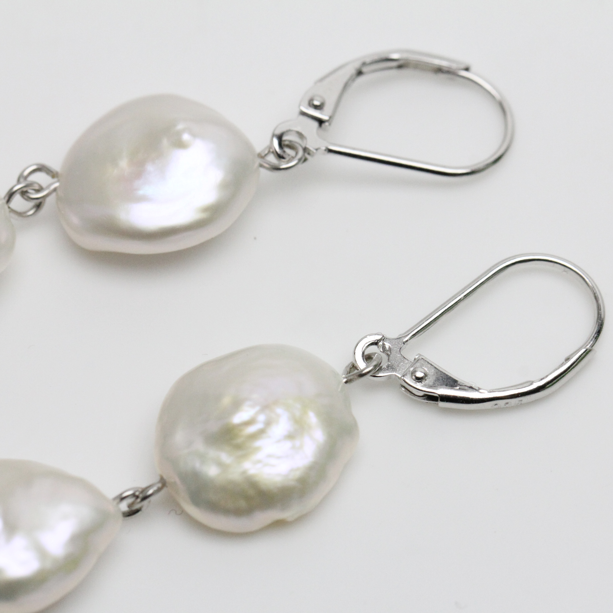 3 Pearls Long Earrings Freshwater Coin Pearls