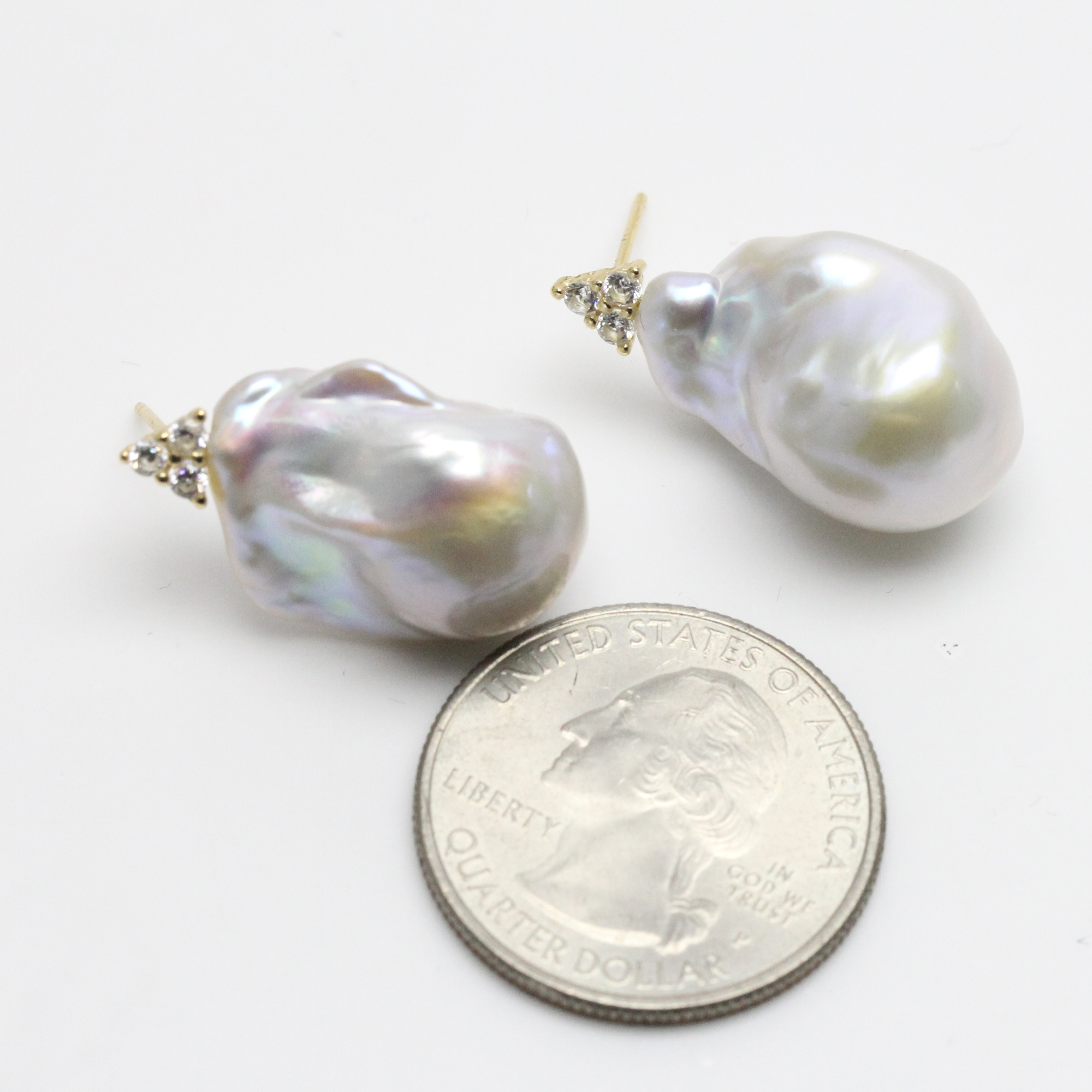 White Baroque Pearl CZ Stud Earrings