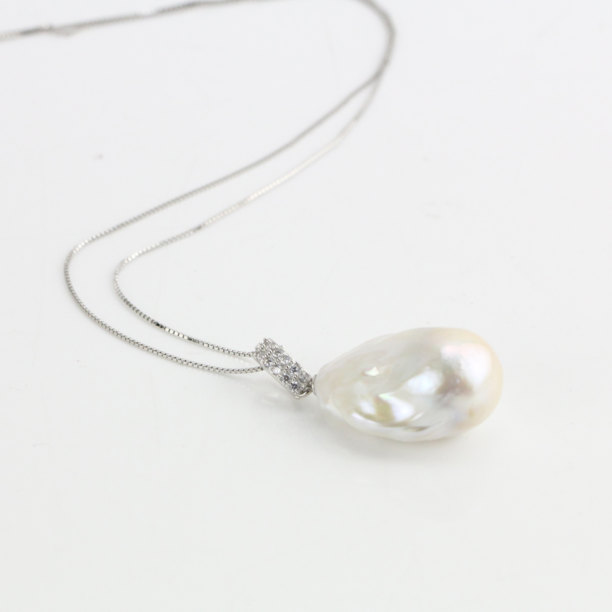 14-16mm White Large Baroque Pearl Pendant Necklace Sterling Silver with CZ Stone