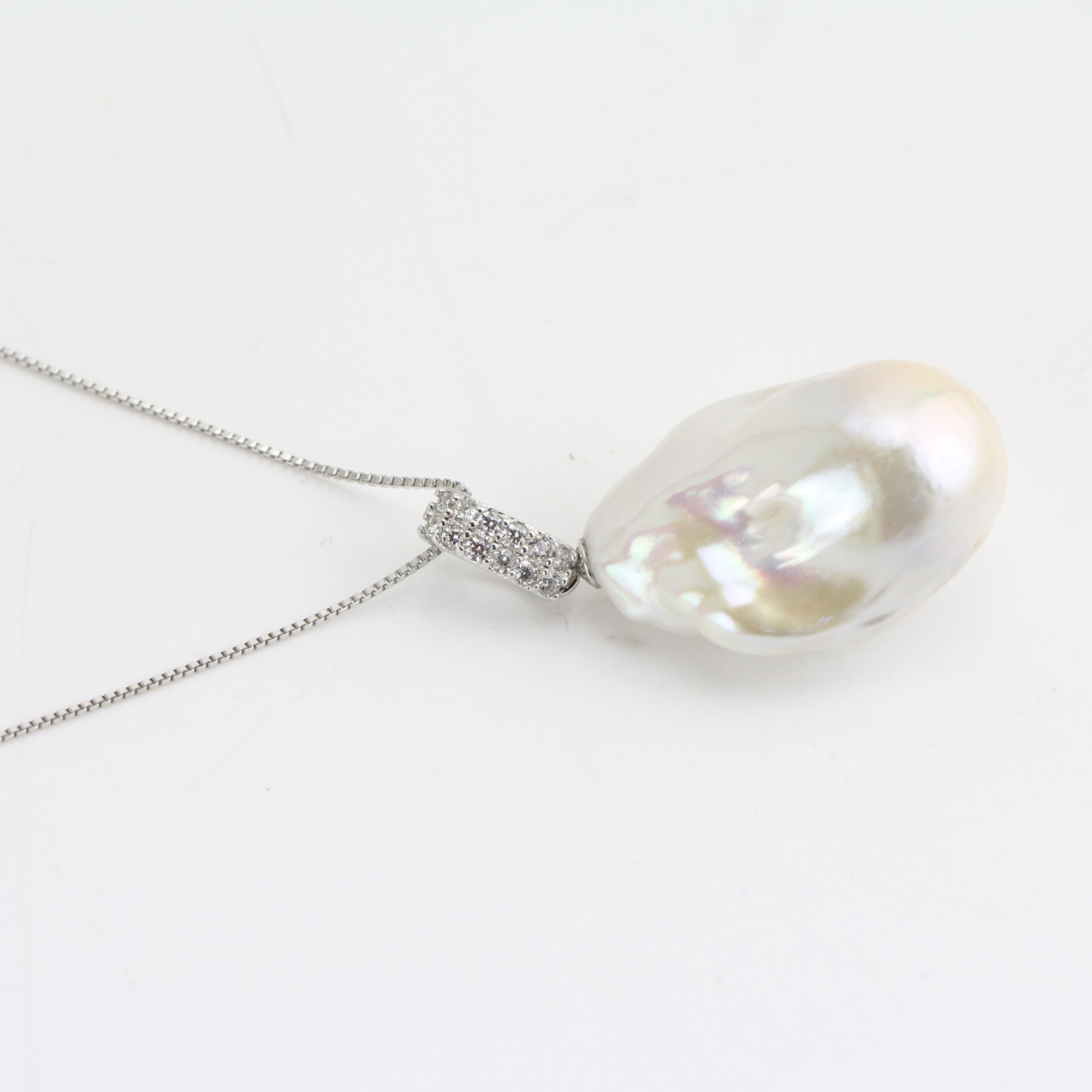 14-16mm White Large Baroque Pearl Pendant Necklace Sterling Silver with CZ Stone