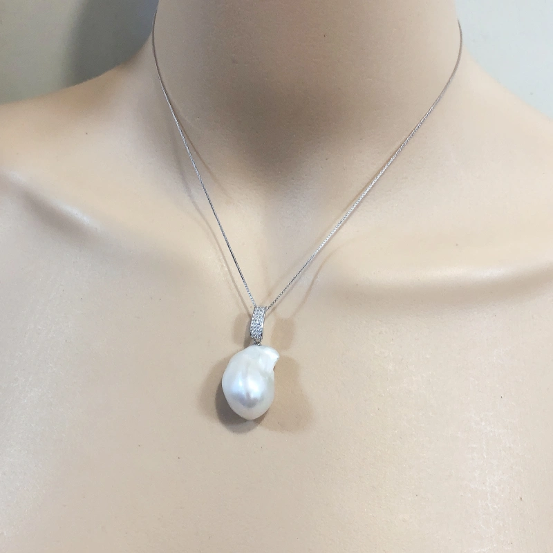 14-16mm White Large Baroque Pearl Pendant Necklace Sterling Silver CZ