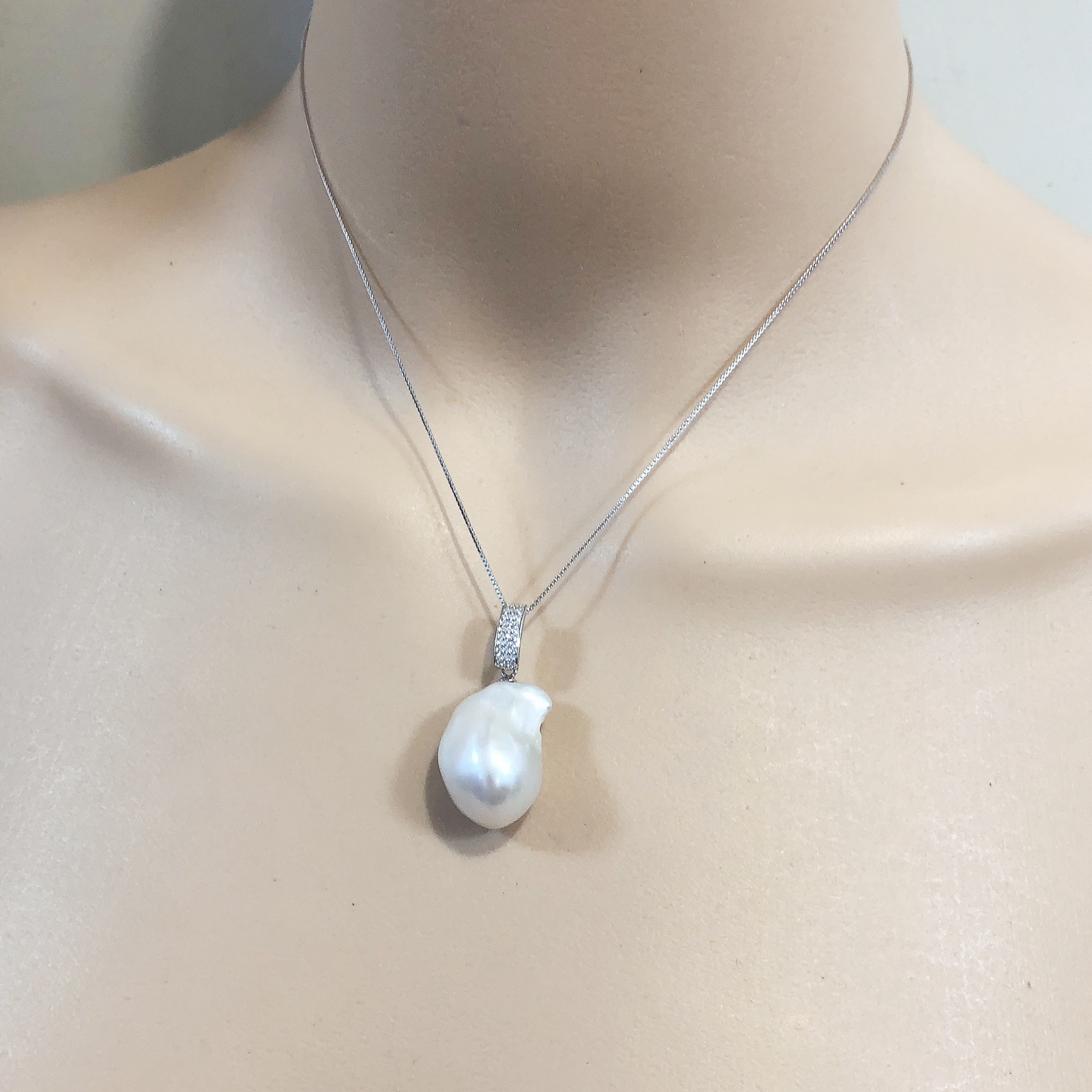 14-16mm White Large Baroque Pearl Pendant Necklace Sterling Silver CZ