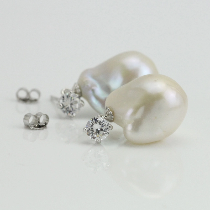 White Large Baroque Pearl Earrings Sterling Silver CZ