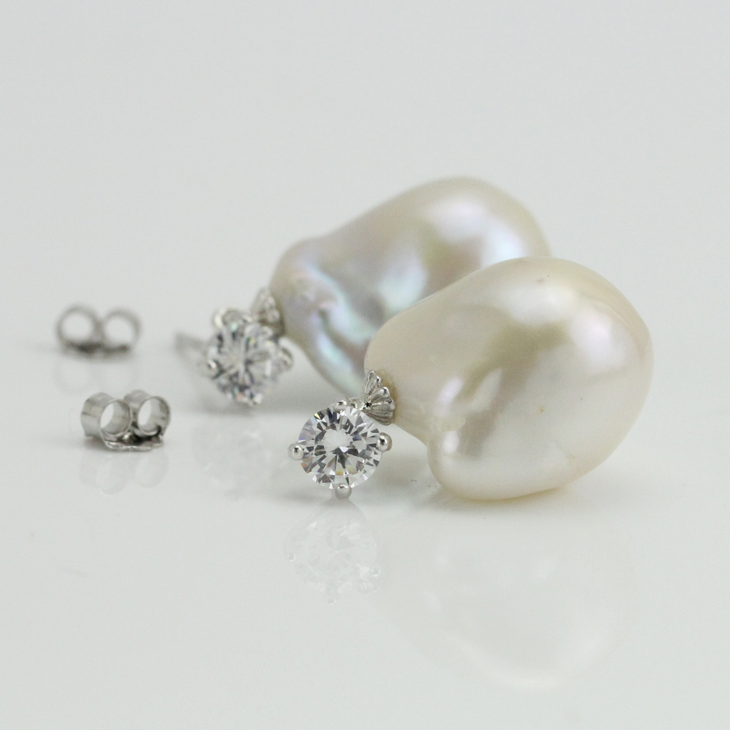 White Large Baroque Pearl Earrings Sterling Silver CZ