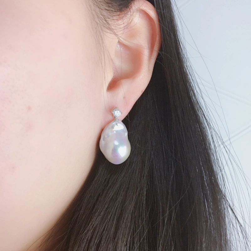 White Large Baroque Pearl Earrings Sterling Silver CZ