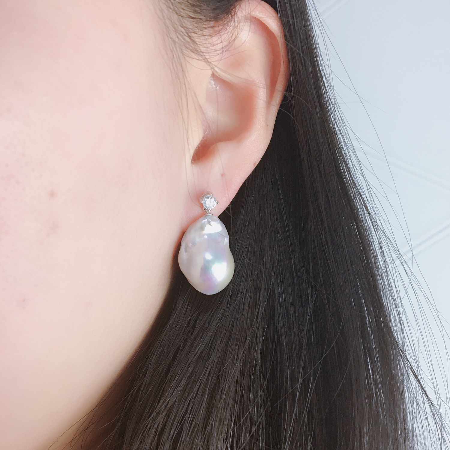 White Large Baroque Pearl Earrings Sterling Silver CZ