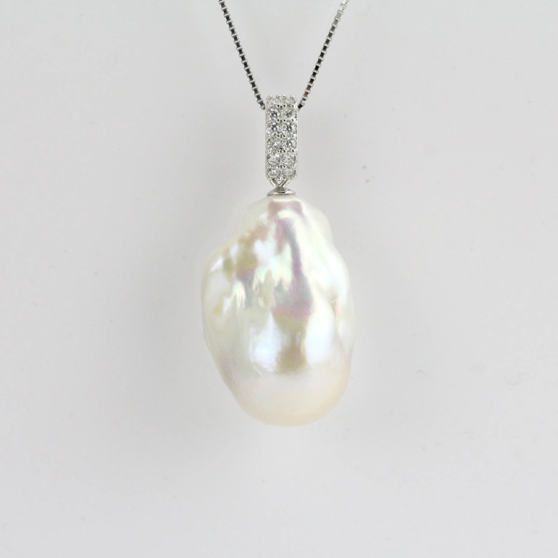 14-16mm White Large Baroque Pearl Pendant Necklace Sterling Silver with CZ Stone