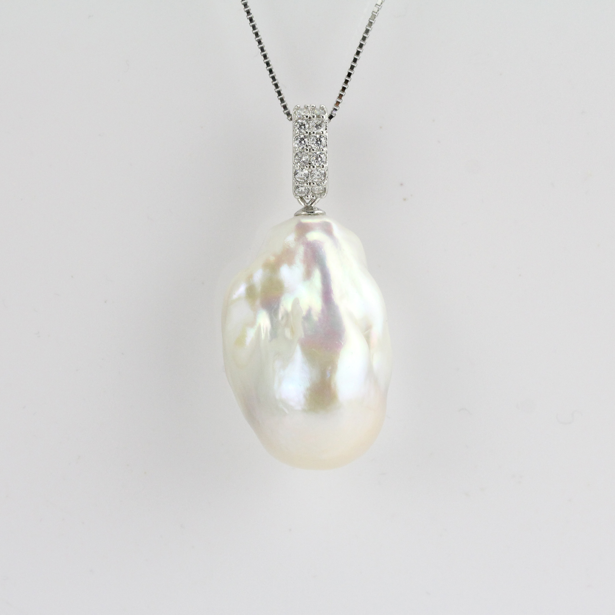 14-16mm White Large Baroque Pearl Pendant Necklace Sterling Silver with CZ Stone