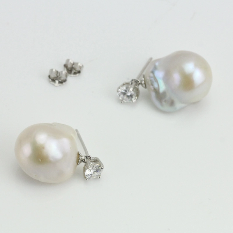 White Large Baroque Pearl Earrings Sterling Silver CZ